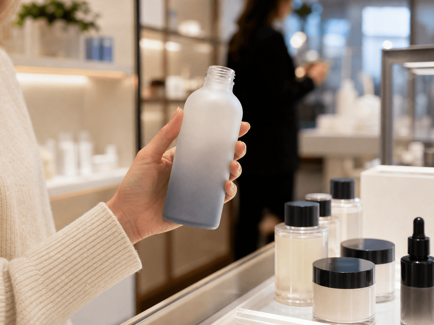 Frosted Gradient Bottle used for a bottle a shopper picks up, then finds online in a boutique counters setting