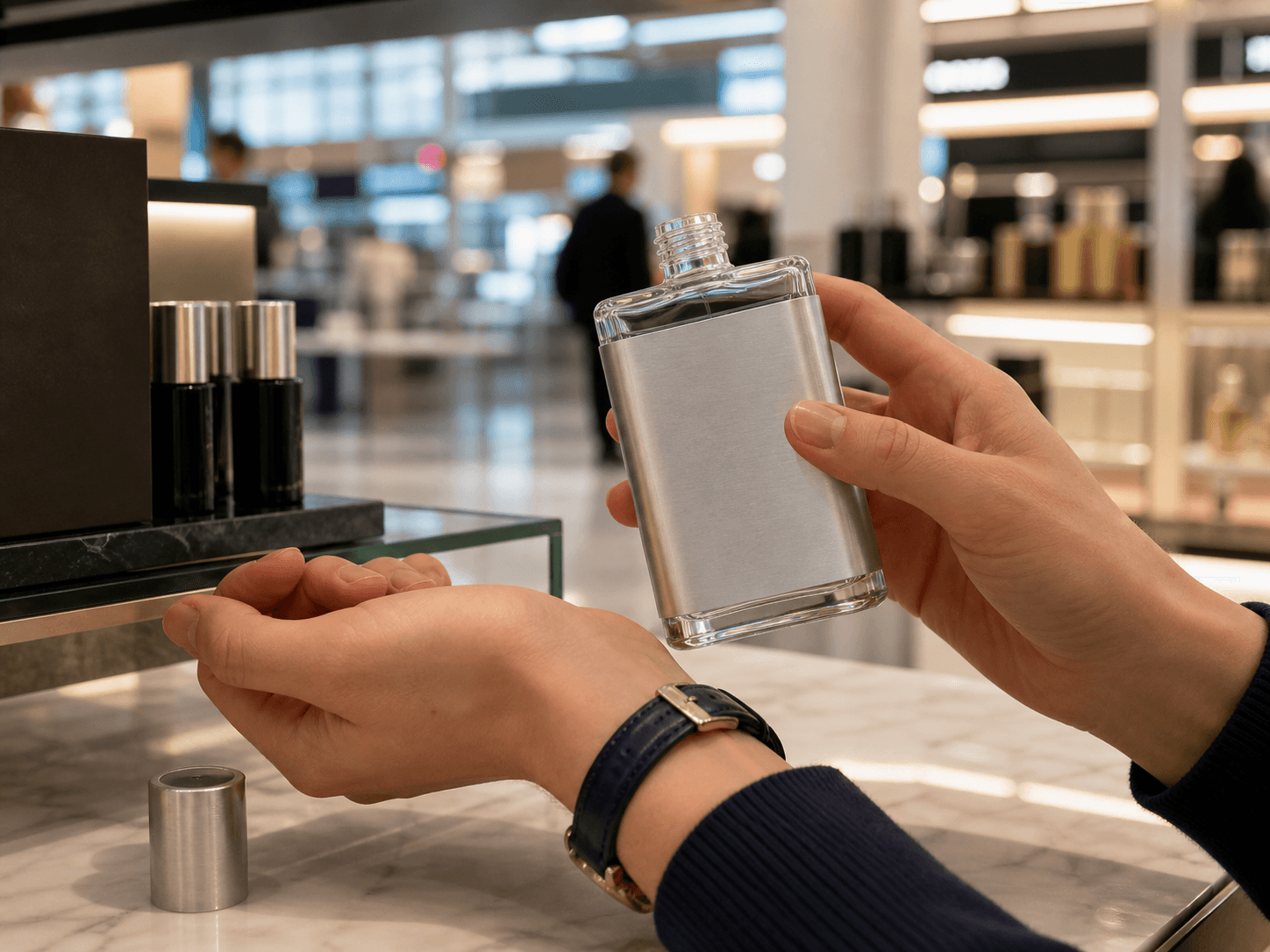 Glass + Aluminum Hybrid Bottle used for flagship and travel-retail bottles in a fragrance setting