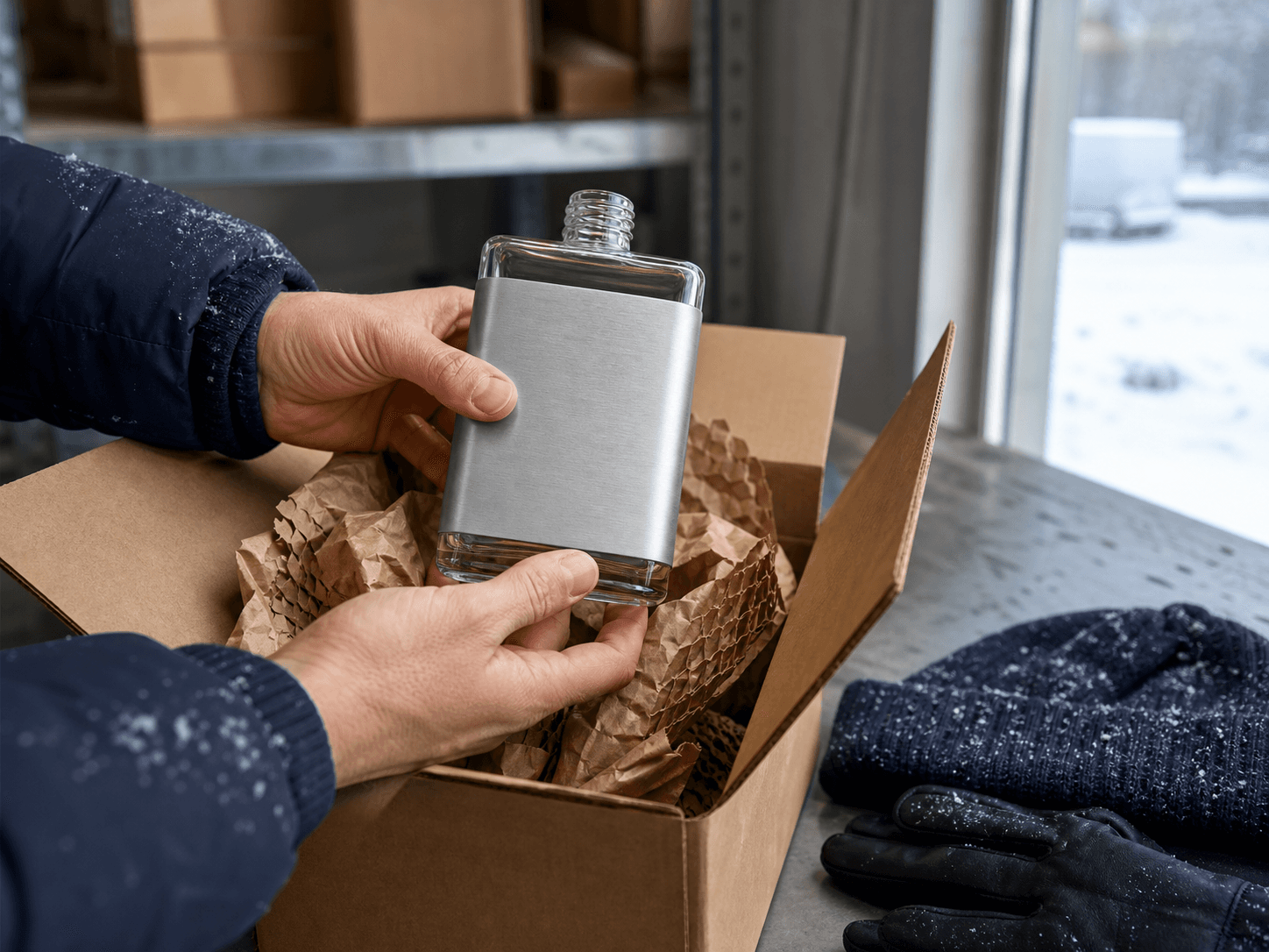 Glass + Aluminum Hybrid Bottle used for a pack that crosses a cold warehouse in a winter shipping setting
