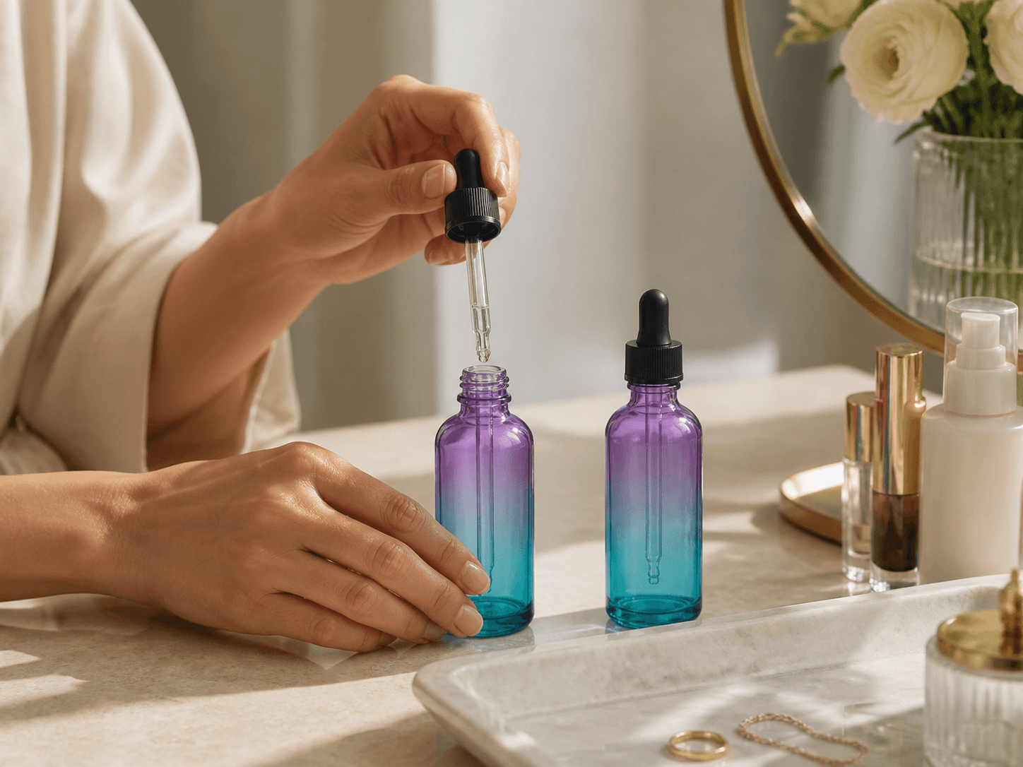 Gradient-tinted Dropper Bottle used for the second bottle beside the first in a repeat purchases setting