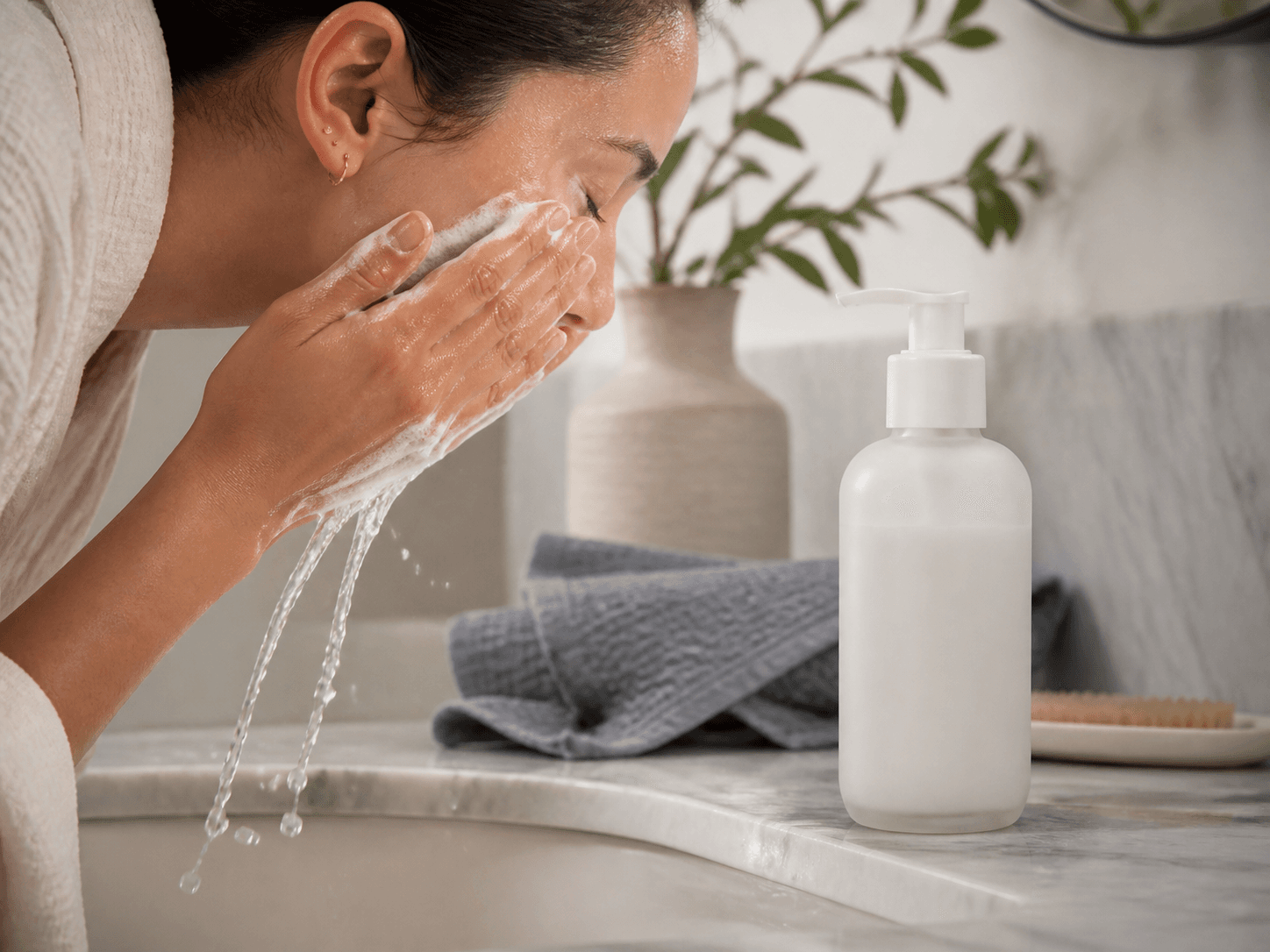 Lotion Pump Bottle used for milky cleansers and lotion washes in a cleansers setting