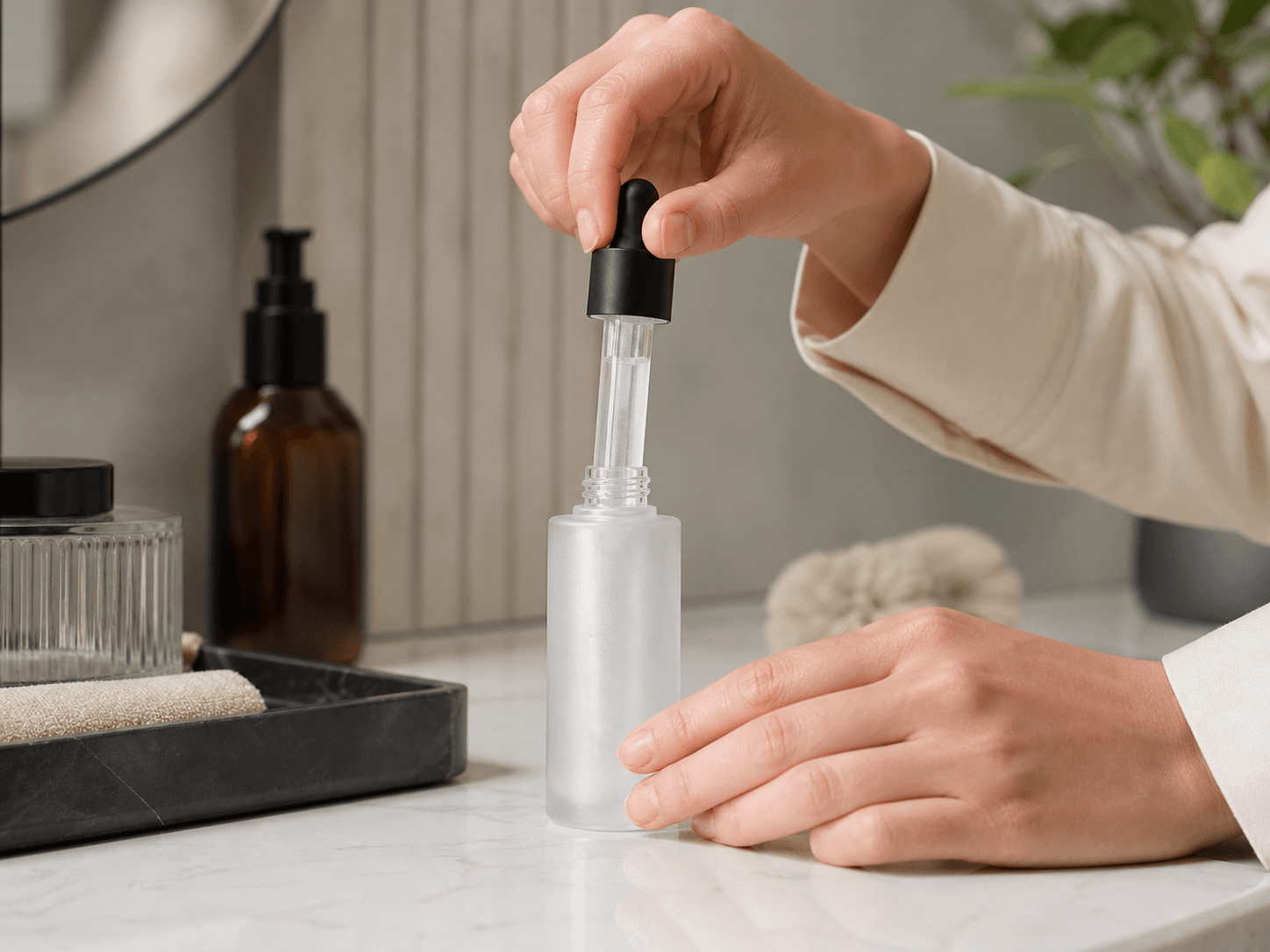 Refillable-insert Serum Bottle used for cartridge replacement at home in a refill routine setting