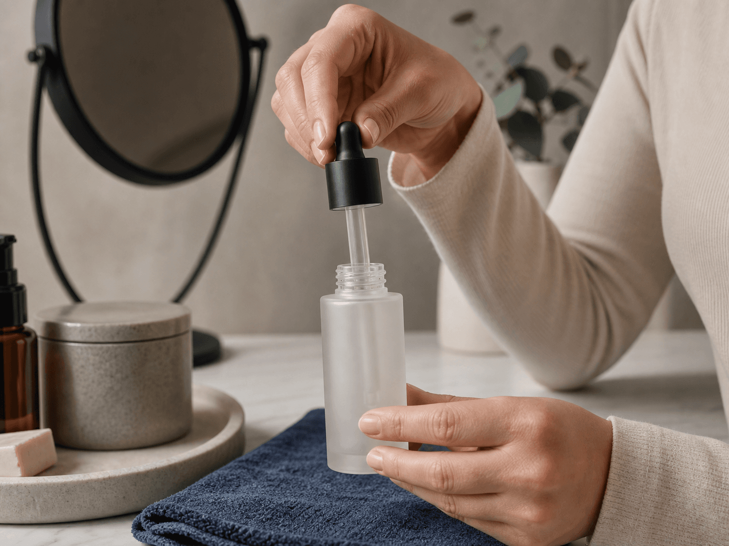 Refillable-insert Serum Bottle used for reduced-material and return schemes in a sustainability programs setting