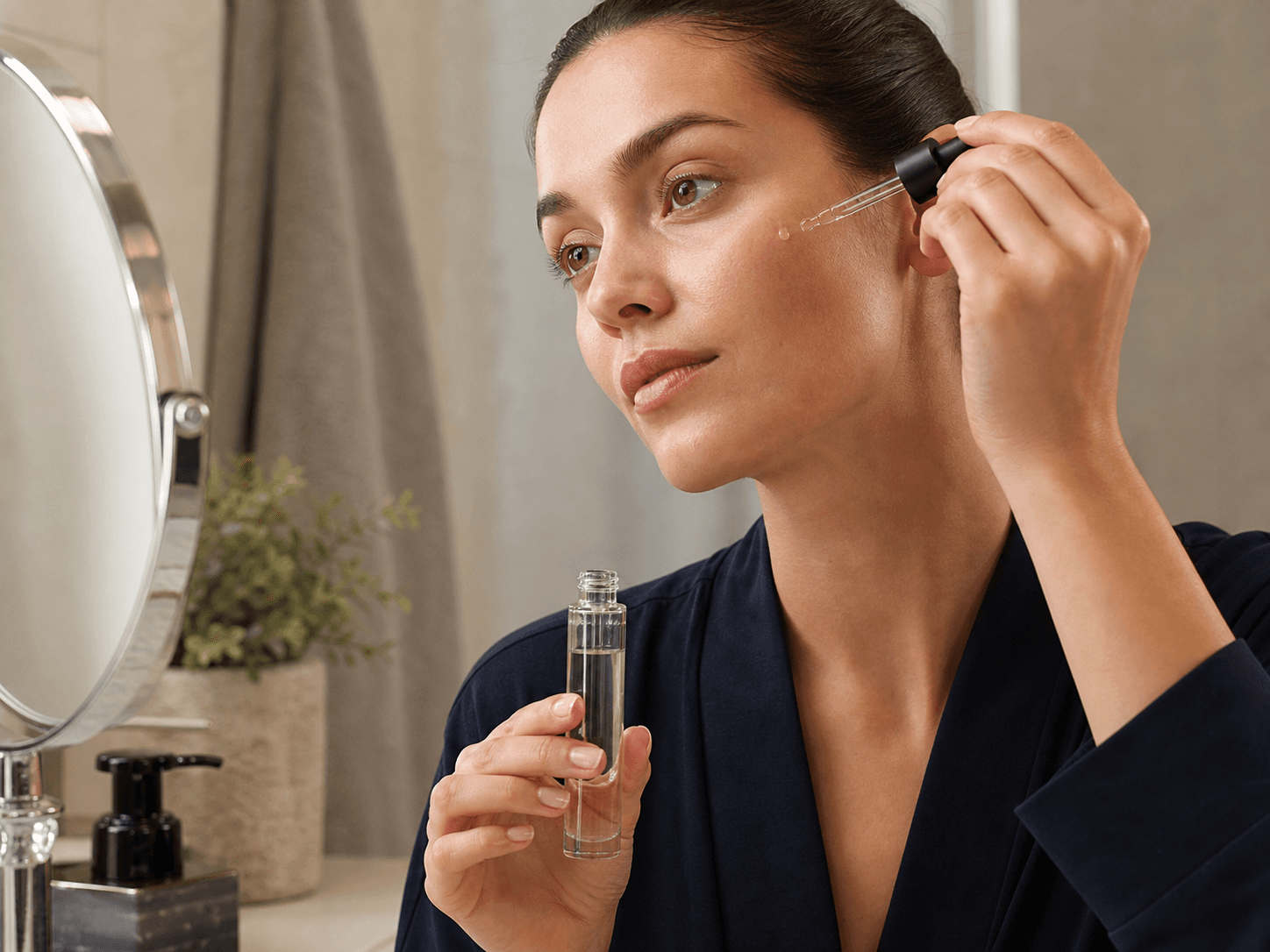 Tubular Glass Serum Bottle used for face serums & concentrated actives in a daily treatment setting