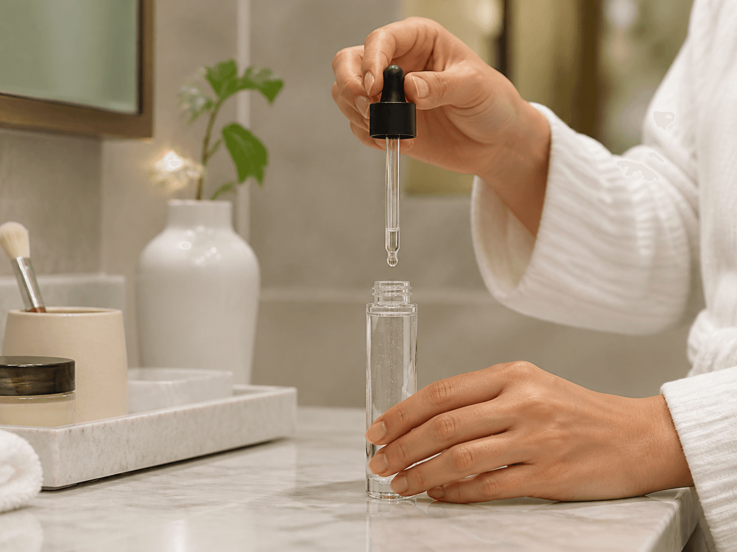 Tubular Glass Serum Bottle used for premium treatment line-ups in a retail range setting
