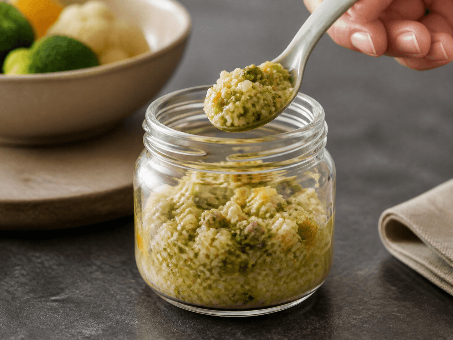 Baby Food Jar used for vegetable, grain & protein combinations in a softly textured meals setting