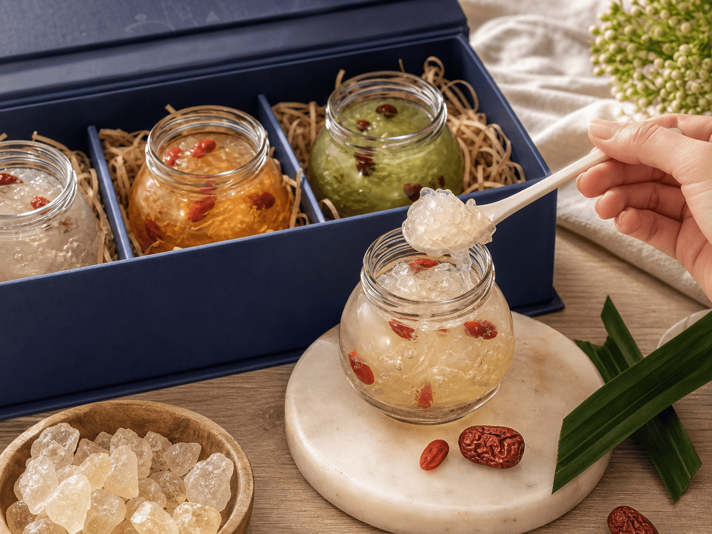 Bird's Nest Bottle used for rock sugar, pandan & red-date gift sets in a premium collection setting