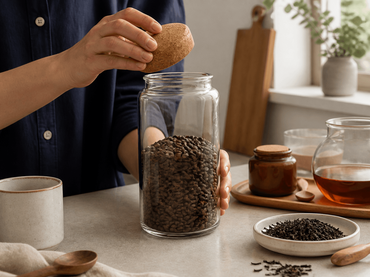 Cork-top Storage Jar used for coffee, tea & loose ingredients in a pantry staples setting