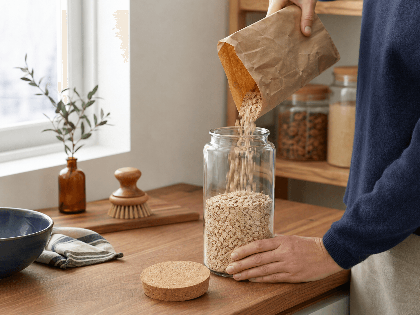 Cork-top Storage Jar used for home organization formats in a refill-led storage setting