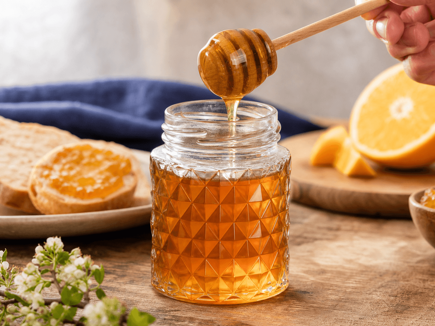 Diamond-cut Faceted Bottle used for jam, marmalade & varietal honey in a preserves & honey setting