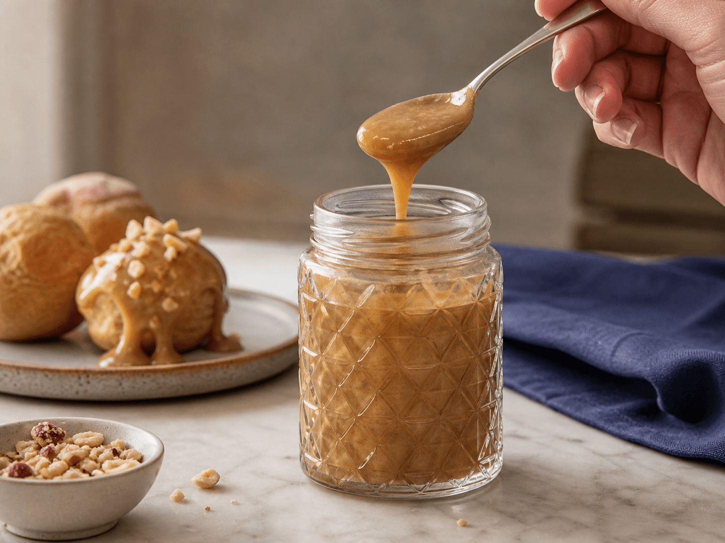 Diamond-cut Faceted Bottle used for praline spread, curd & dessert sauce in a confectionery setting