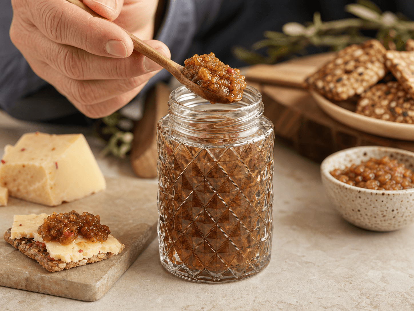 Diamond-cut Faceted Bottle used for chutney, relish & finishing condiments in a savory gifting setting