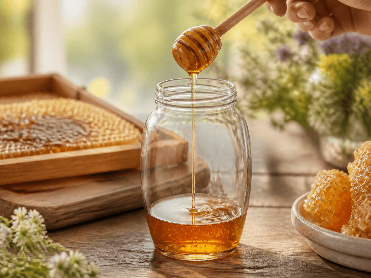 Honey Jar used for varietal, raw & local honey in a origin-led range setting