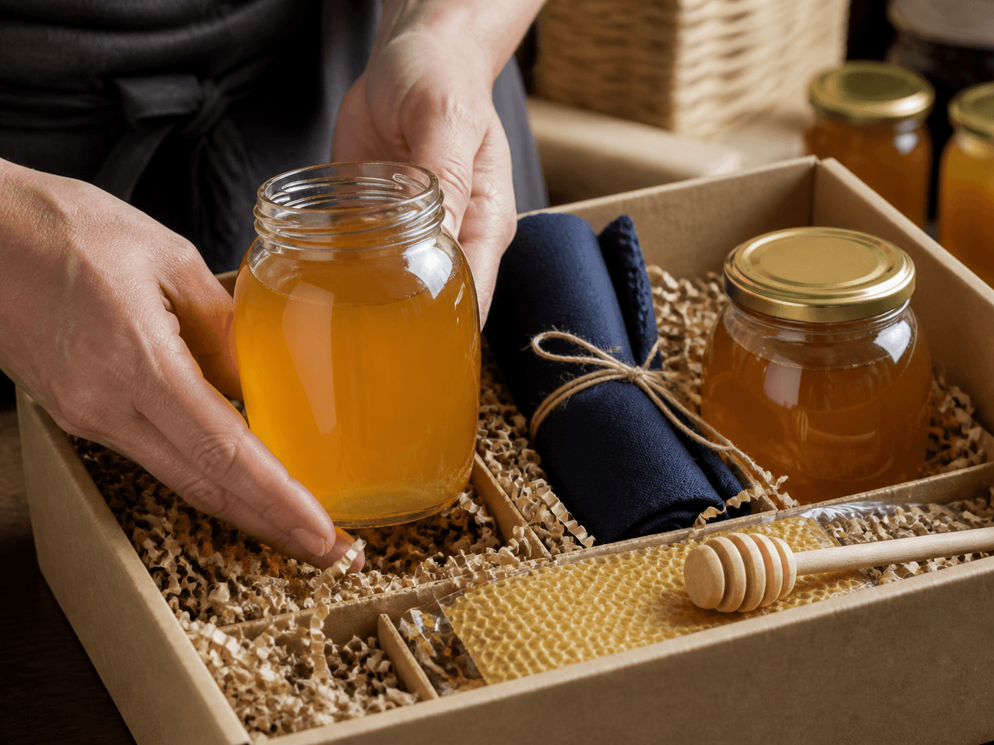 Honey Jar used for gift packs & farm-shop selections in a premium presentation setting