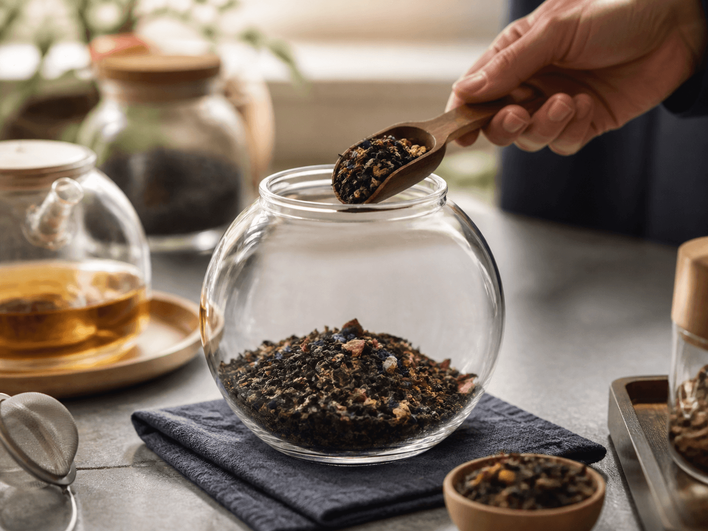Mushroom-lid Jar used for loose leaf, beans & brewing ingredients in a tea & coffee setting