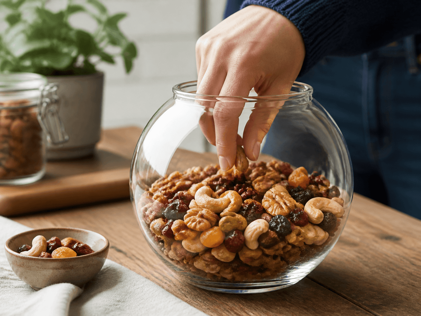 Mushroom-lid Jar used for nuts, dried fruit & snack mixes in a dry pantry display setting