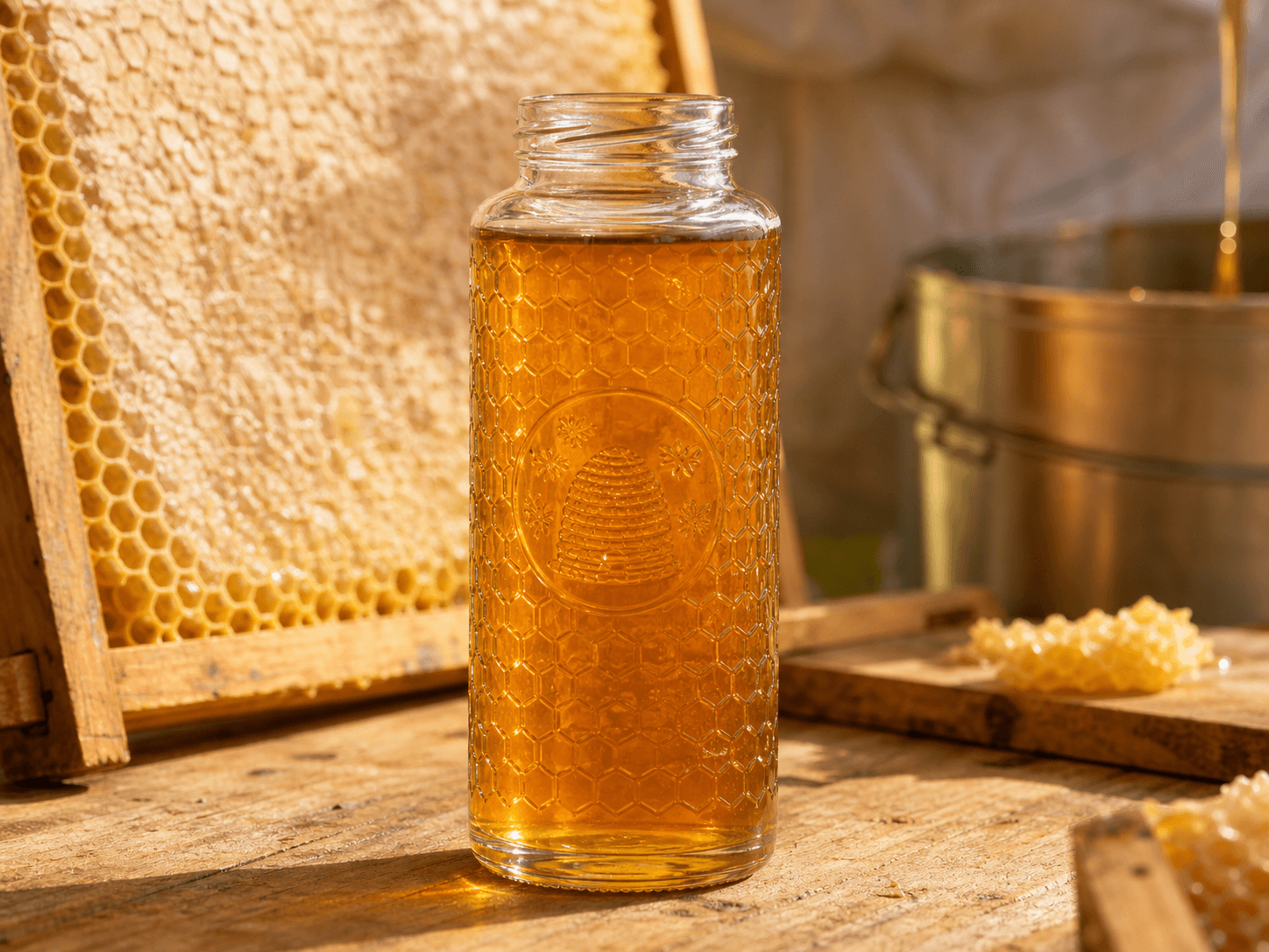 Muth Honey Jar used for half-pound varietal honey in a apiary reserve setting