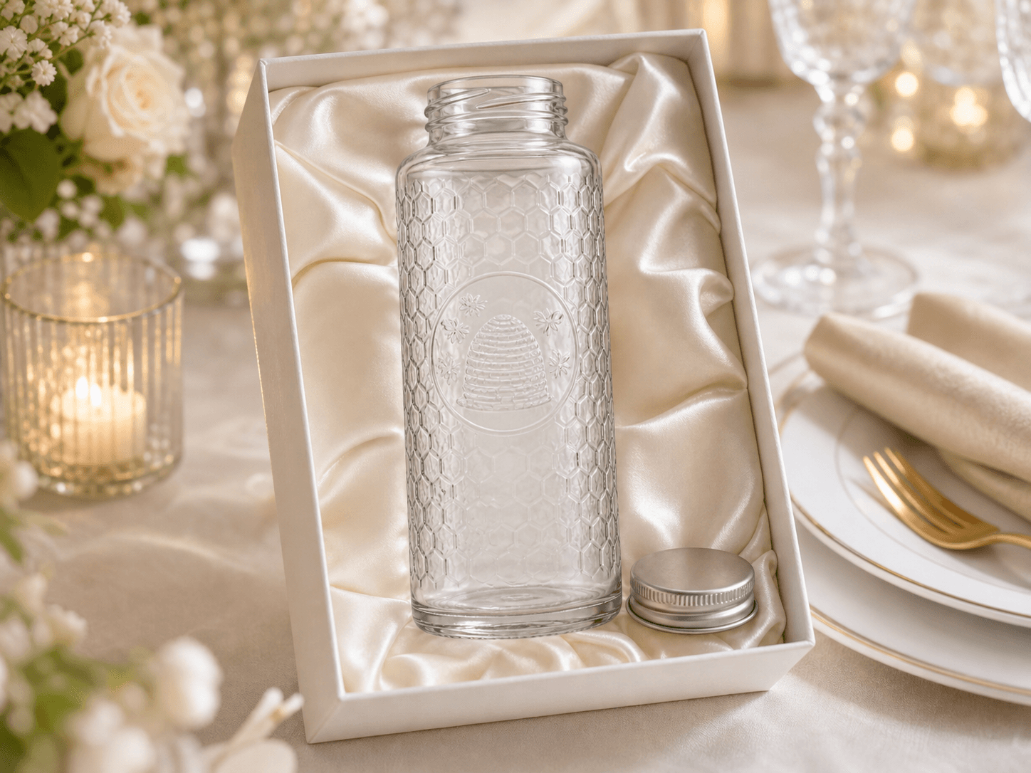 Muth Honey Jar used for wedding and hospitality gifts in a event favor setting