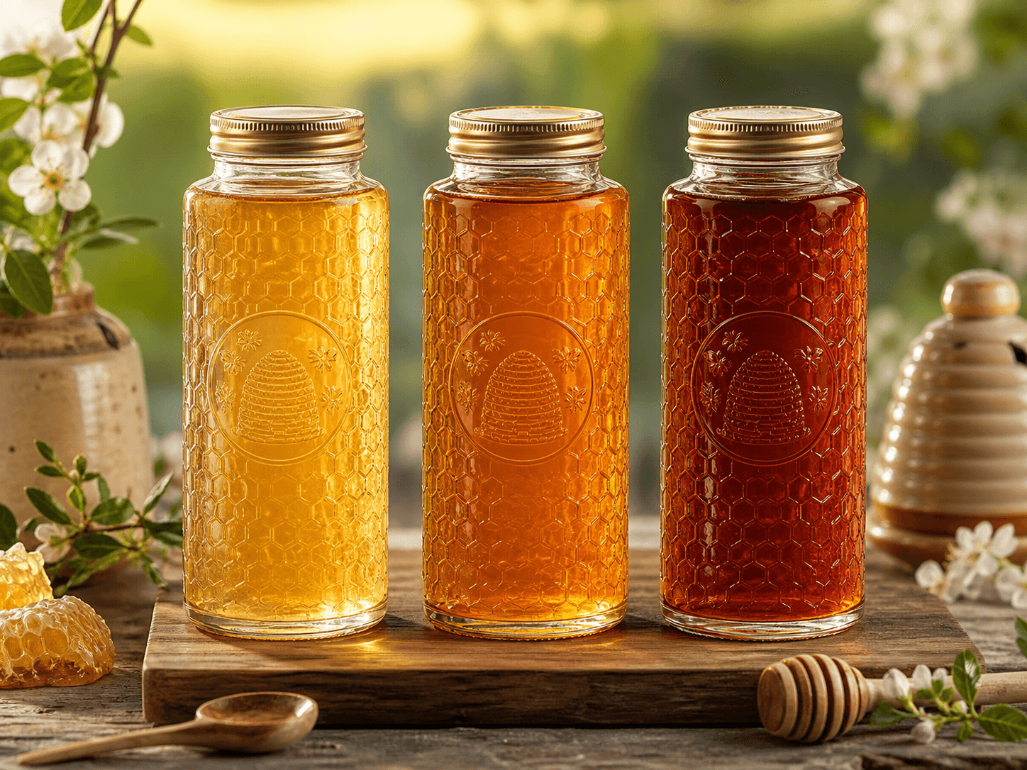 Muth Honey Jar used for seasonal three-jar honey flights in a tasting collection setting