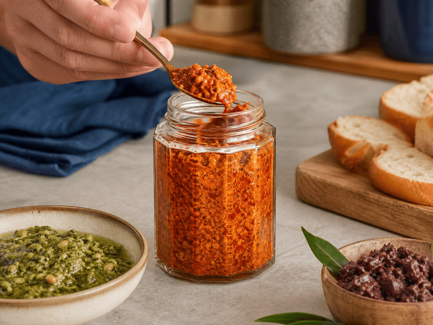 Octagonal Food Jar used for pesto, tapenade & harissa in a savory spreads setting