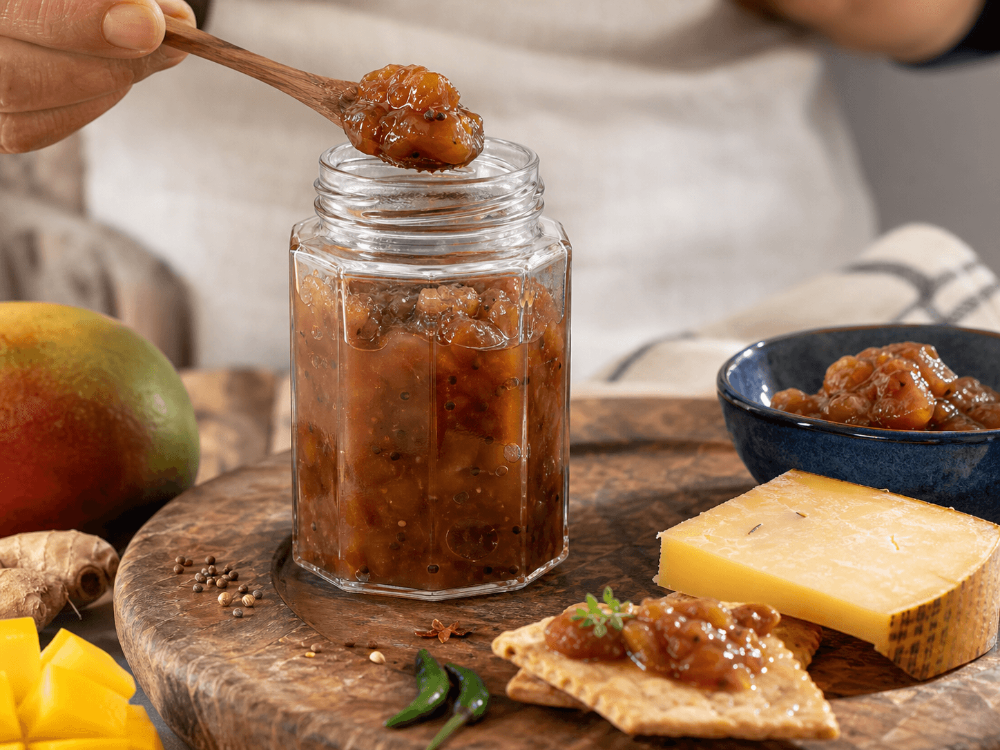 Octagonal Food Jar used for chutney, relish & fruit preserves in a preserves & condiments setting