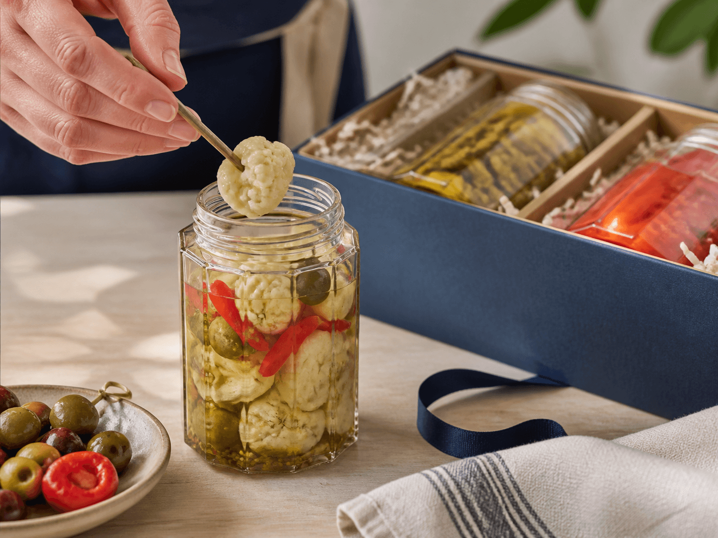 Octagonal Food Jar used for antipasti, pickled garnish & curated sets in a deli & gifting setting
