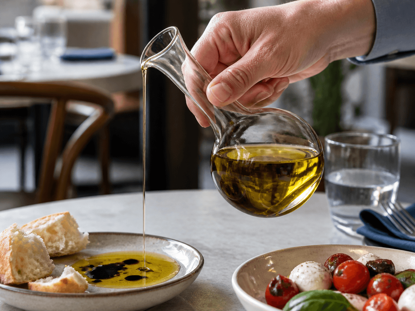 Oil & Vinegar Cruet used for olive oil & vinegar service in a restaurant table setting