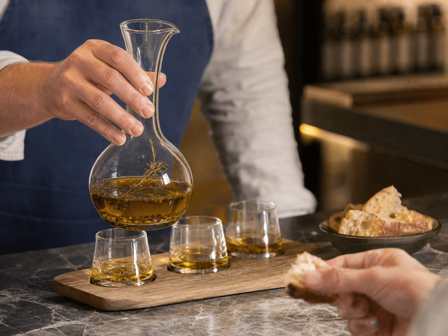 Oil & Vinegar Cruet used for infused oils & culinary sampling in a tasting counter setting