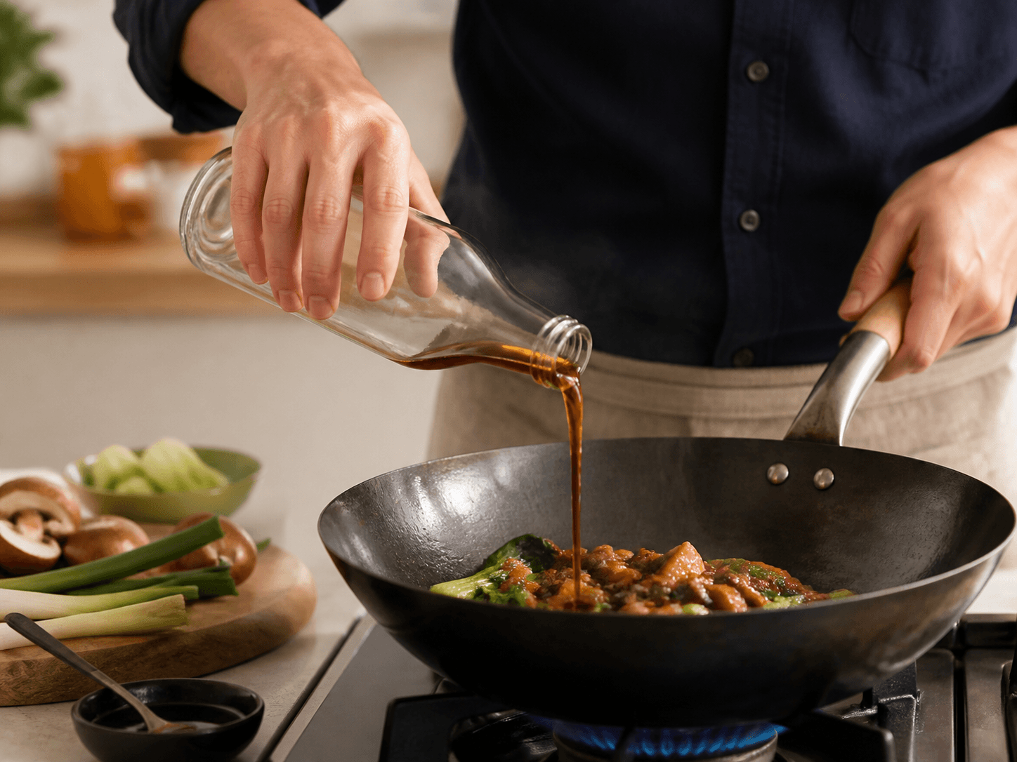 Oyster Sauce Bottle used for stir-fries, marinades & braised dishes in a classic oyster sauce setting