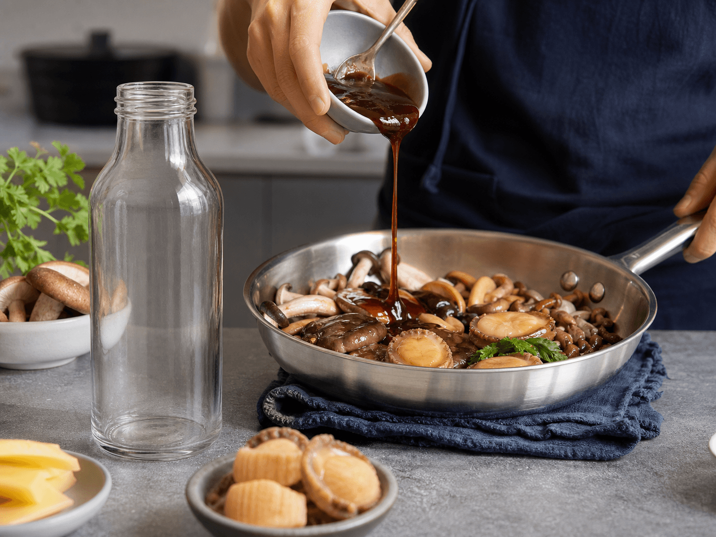 Oyster Sauce Bottle used for vegetarian oyster, mushroom & abalone-style sauces in a related savory sauces setting