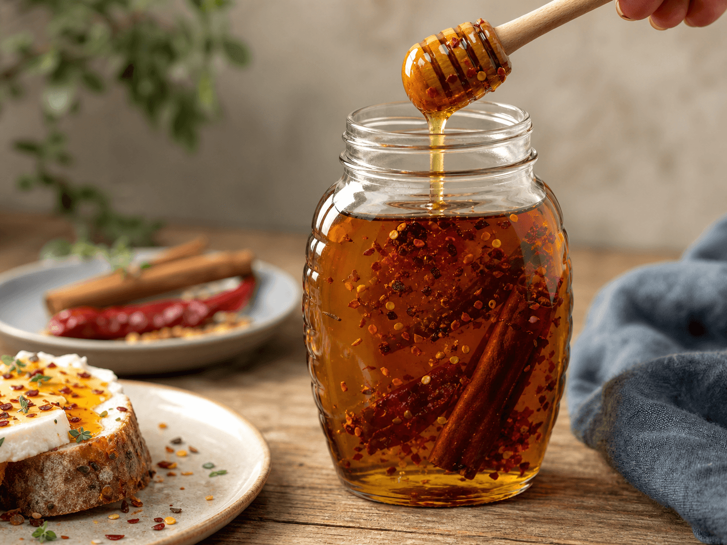 Queenline Honey Jar used for cinnamon, chili and botanical honey in a infused range setting