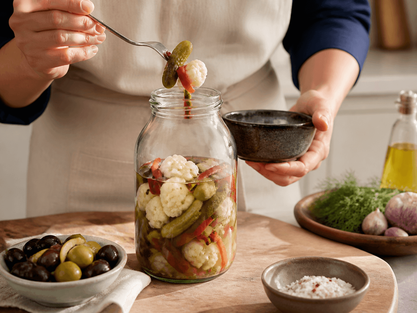 Recycled (PCR) Glass Food Bottle used for pickles, antipasti and fermented garnishes in a preserved vegetables setting