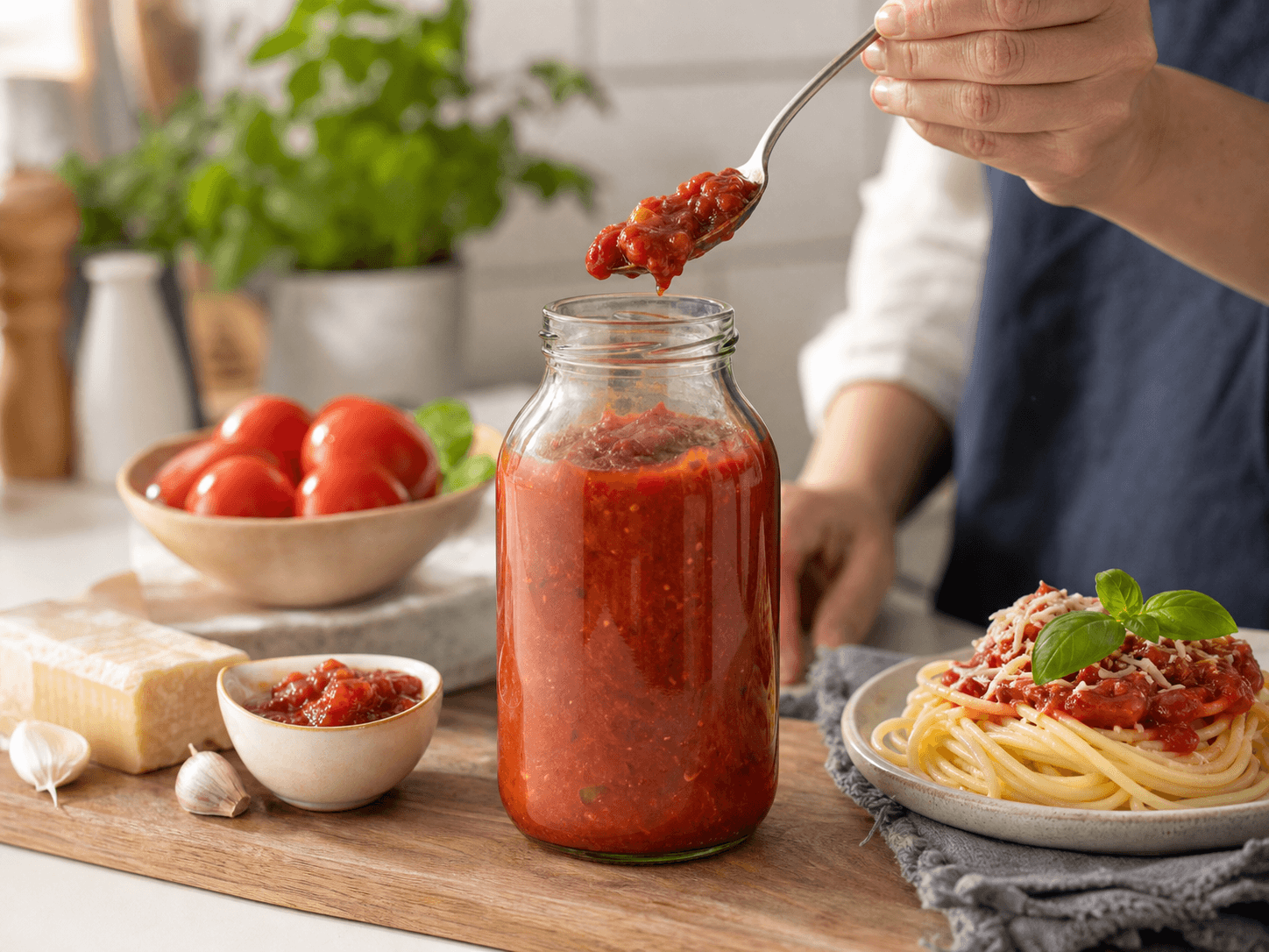 Recycled (PCR) Glass Food Bottle used for pasta sauce, chutney and spoonable relish in a sauces & condiments setting