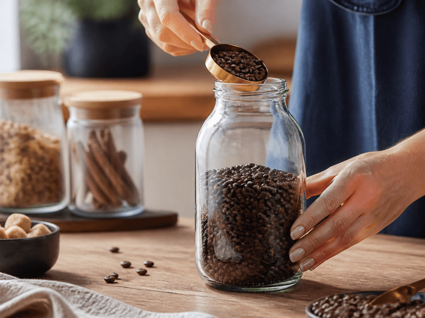 Recycled (PCR) Glass Food Bottle used for coffee, grains, confectionery and spice blends in a dry pantry setting