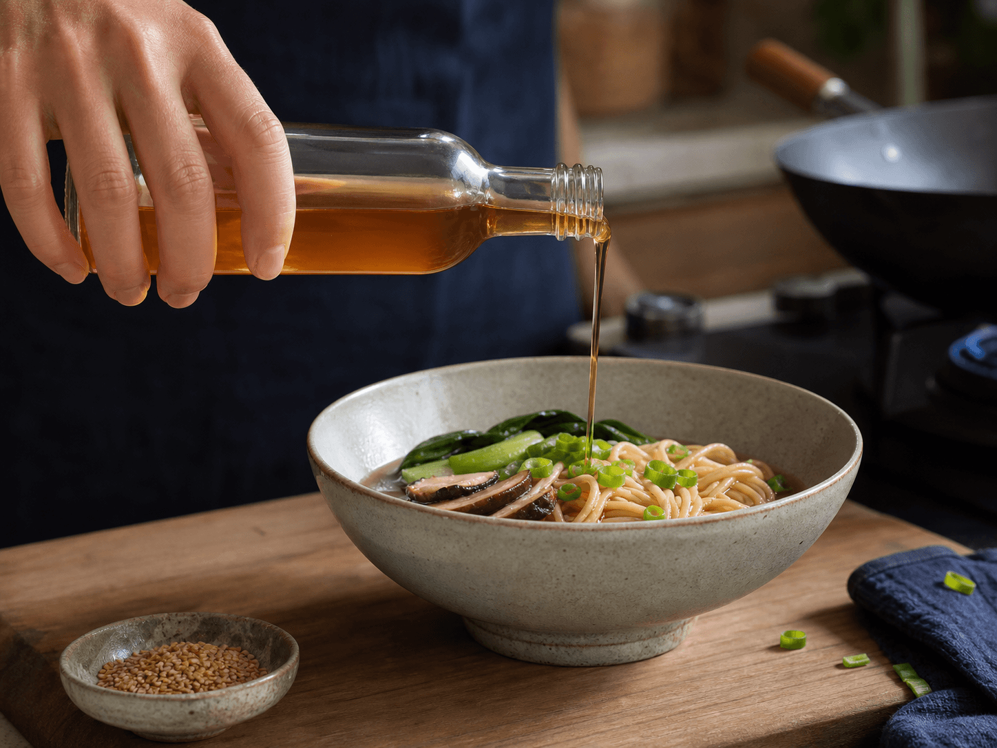 Sesame Oil Bottle used for finishing oil for stir-fries, soups & noodles in a roasted sesame setting