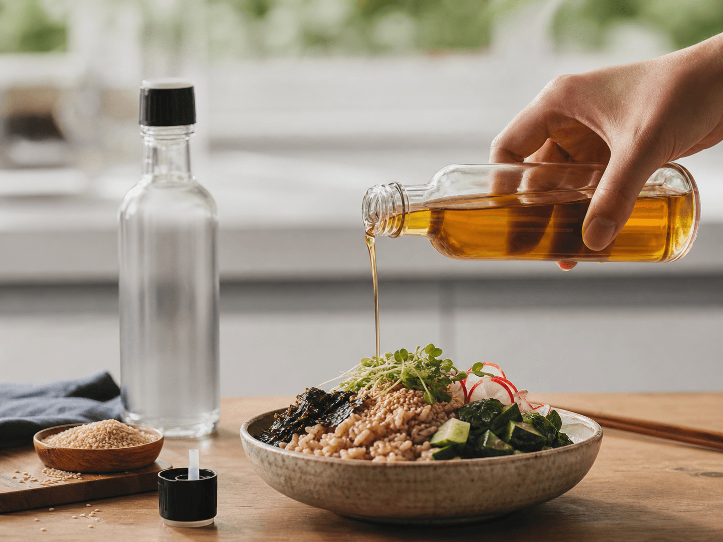 Sesame Oil Bottle used for lighter sesame oils & premium pantry products in a cold-pressed range setting