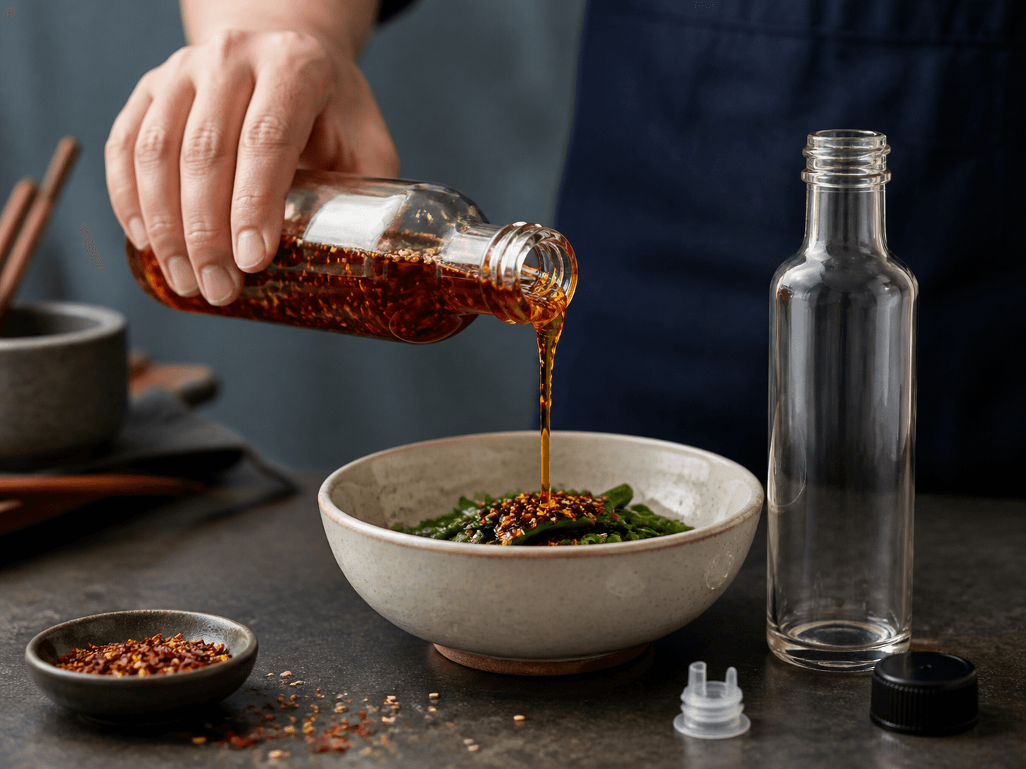 Sesame Oil Bottle used for sesame-chili oils & seasoning blends in a culinary blend setting