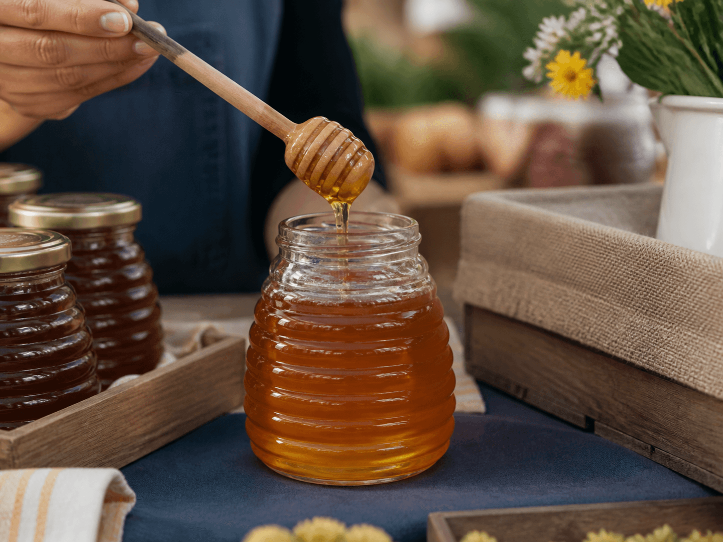 Skep / Hive Honey Jar used for twelve-ounce raw and varietal honey in a farm retail setting