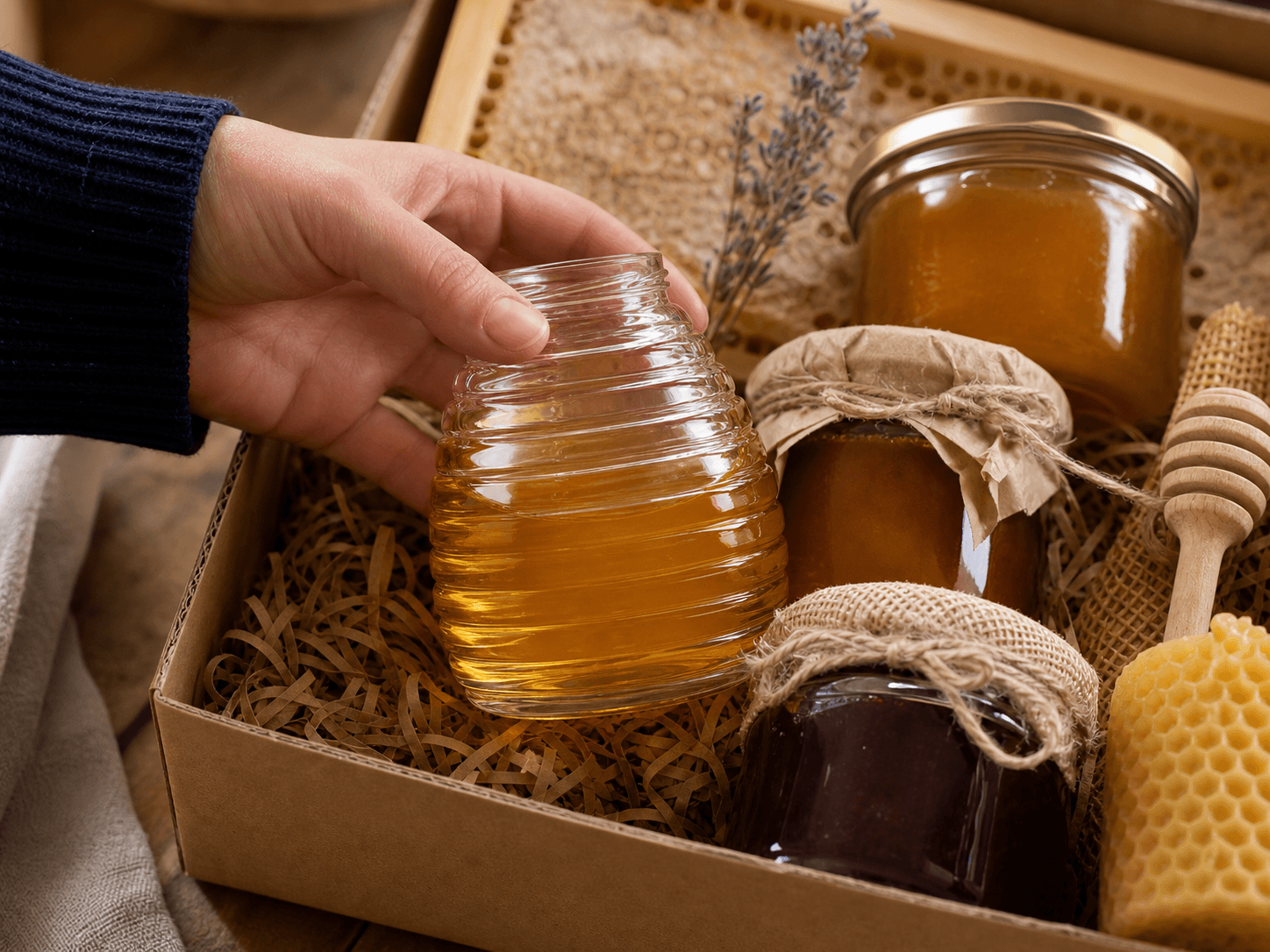 Skep / Hive Honey Jar used for apiary boxes and regional food hampers in a gift assortment setting