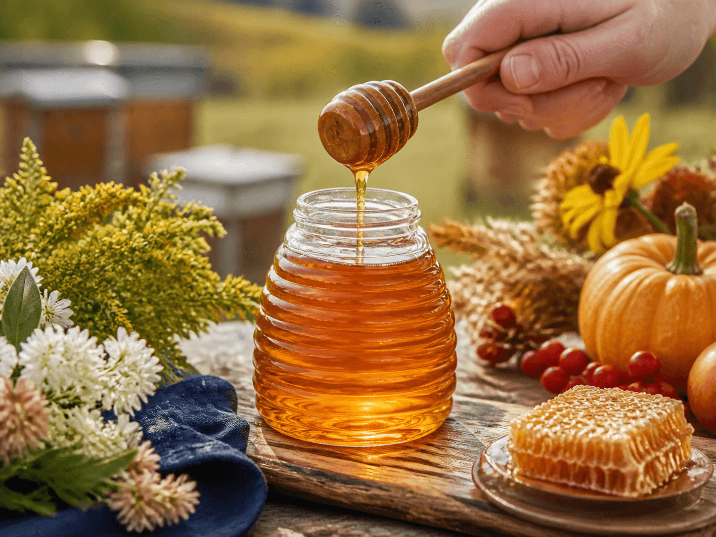 Skep / Hive Honey Jar used for spring, summer and autumn harvests in a seasonal release setting