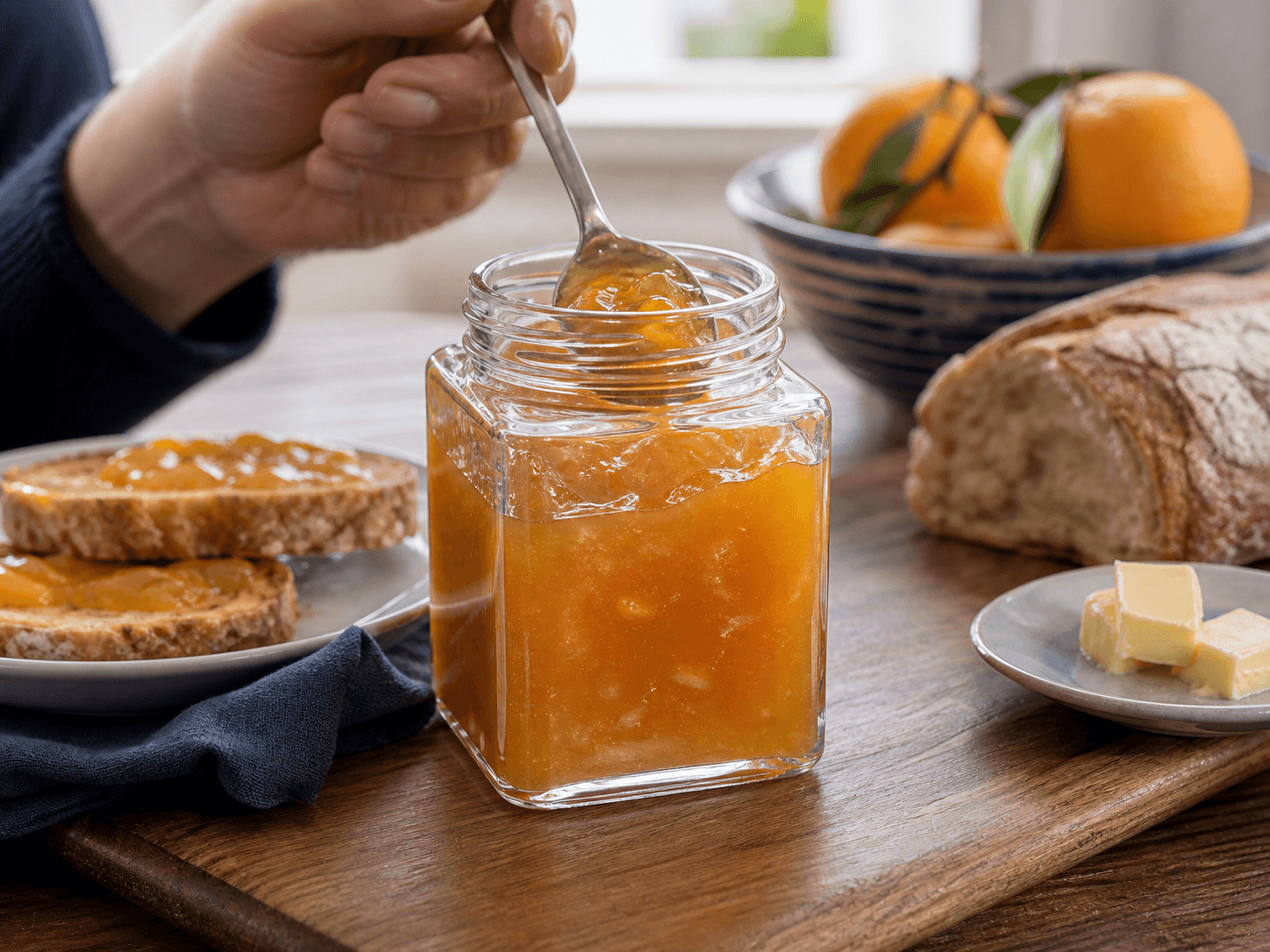 Square Jam Jar used for jam, marmalade & fruit compote in a family preserves setting