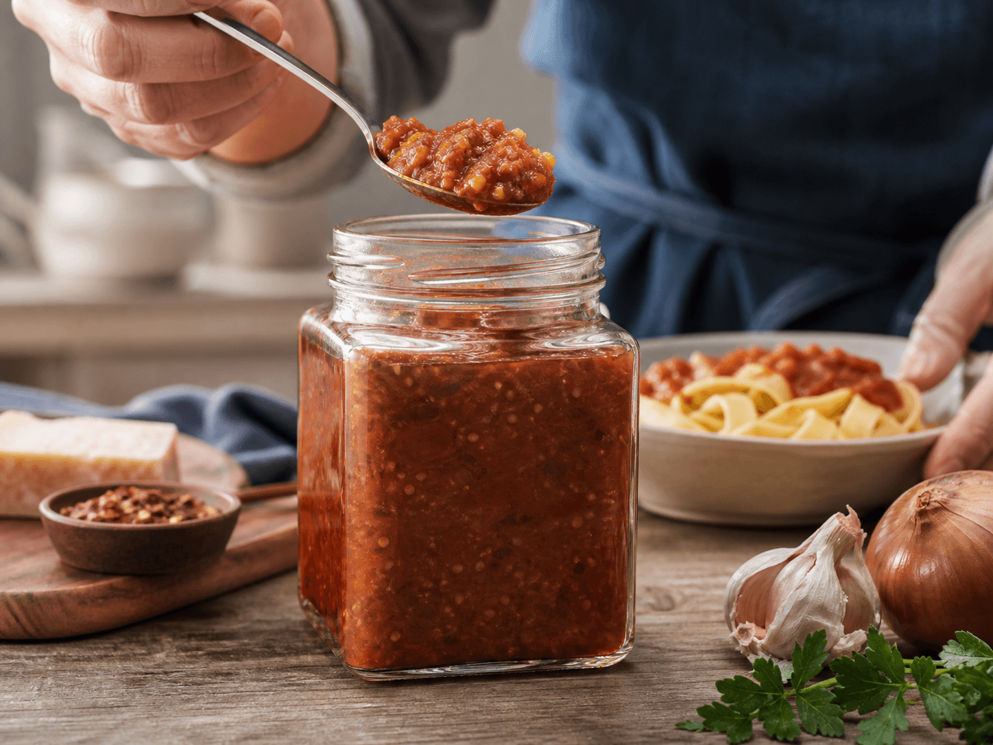 Square Jam Jar used for chutney, relish & pasta sauce in a savory pantry setting