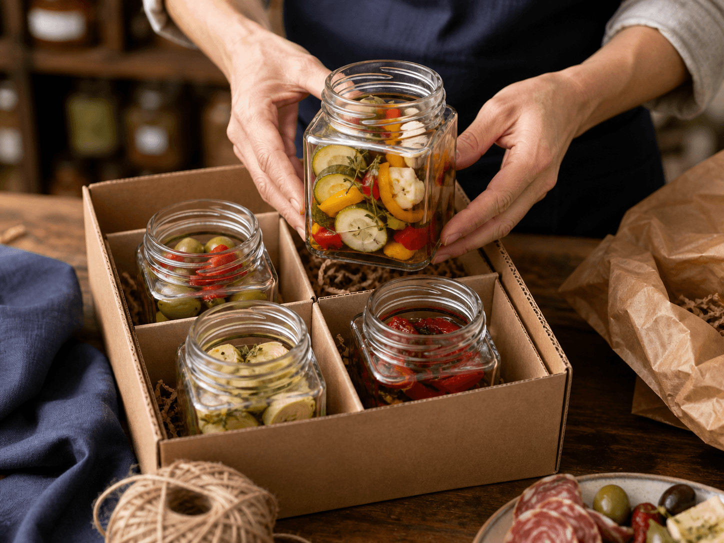 Square Jam Jar used for vegetables, antipasti & gift assortments in a pickled formats setting