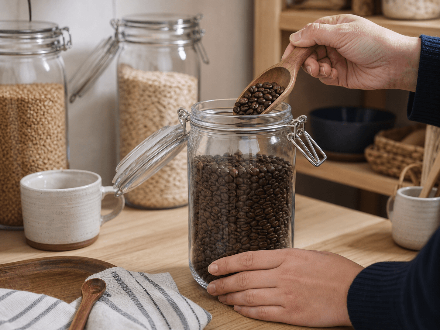 Swing-top / Clip-top Jar used for coffee, tea, grains & baking ingredients in a pantry storage setting