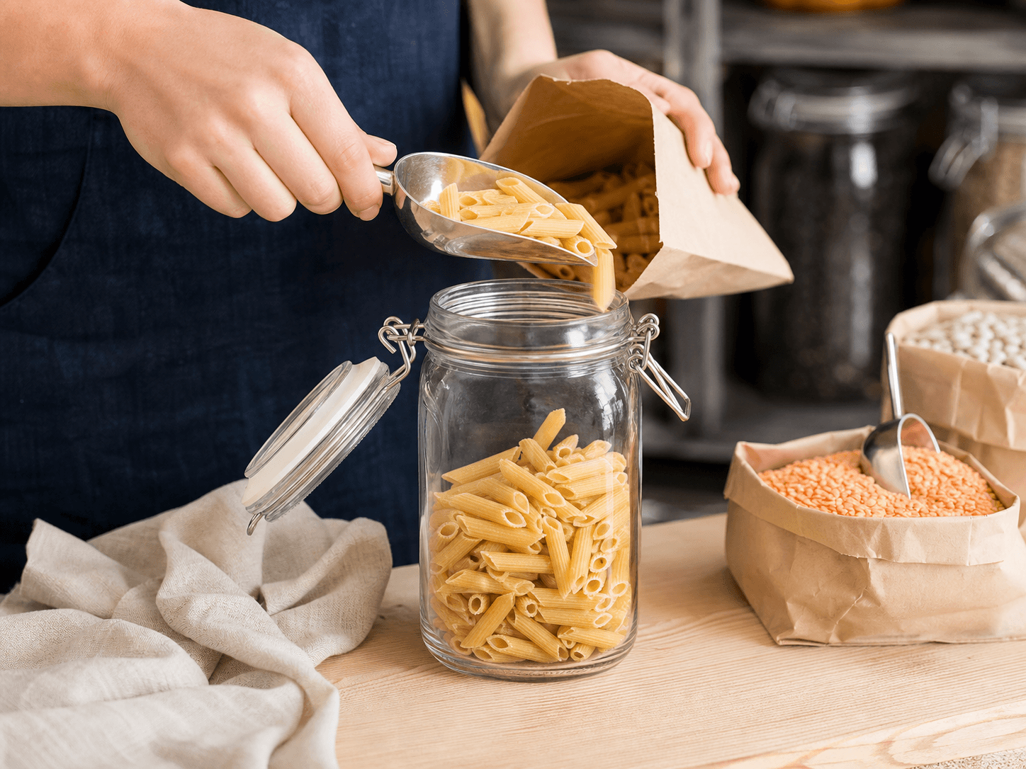 Swing-top / Clip-top Jar used for pasta, pulses, dried fruit & confectionery in a refill & bulk retail setting