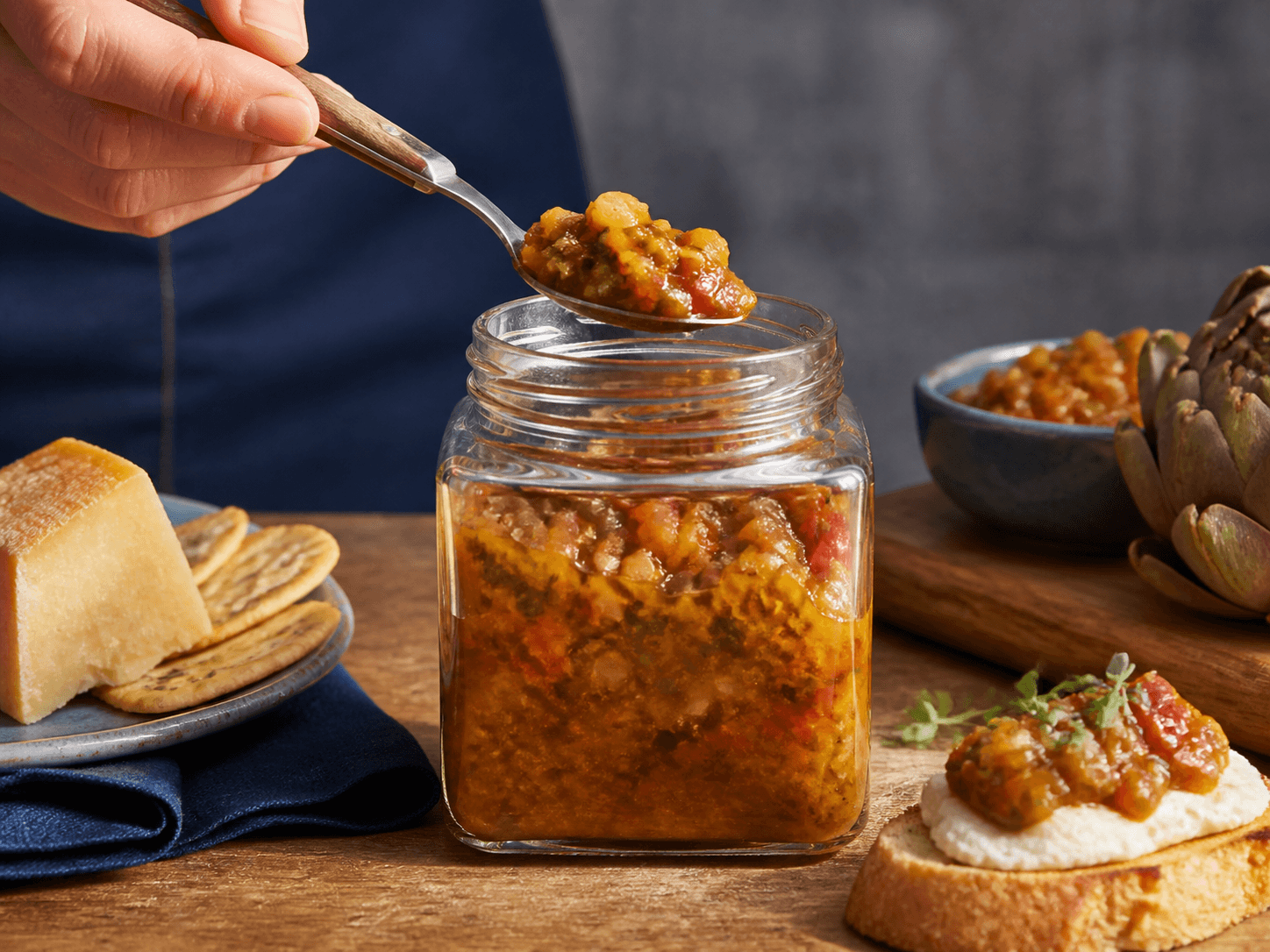 Wide-mouth Square Jar used for relish, chutney & vegetable accompaniments in a chunky condiments setting
