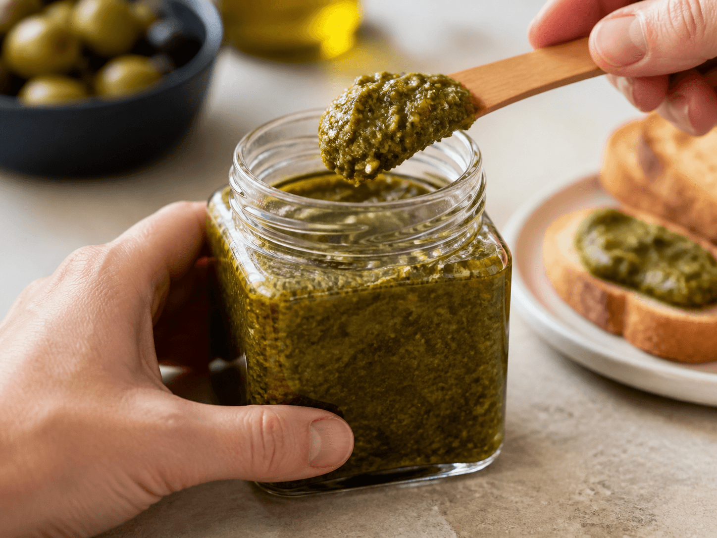 Wide-mouth Square Jar used for pesto, tapenade & nut-based spreads in a dense spreads setting
