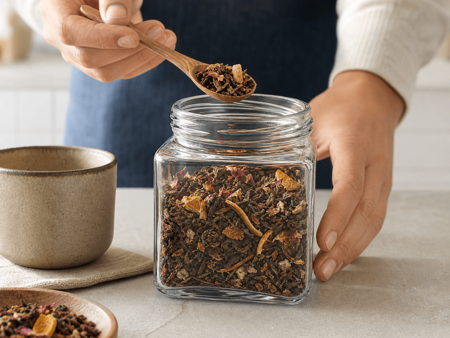 Wide-mouth Square Jar used for tea, toppings & premium ingredient blends in a dry pantry setting