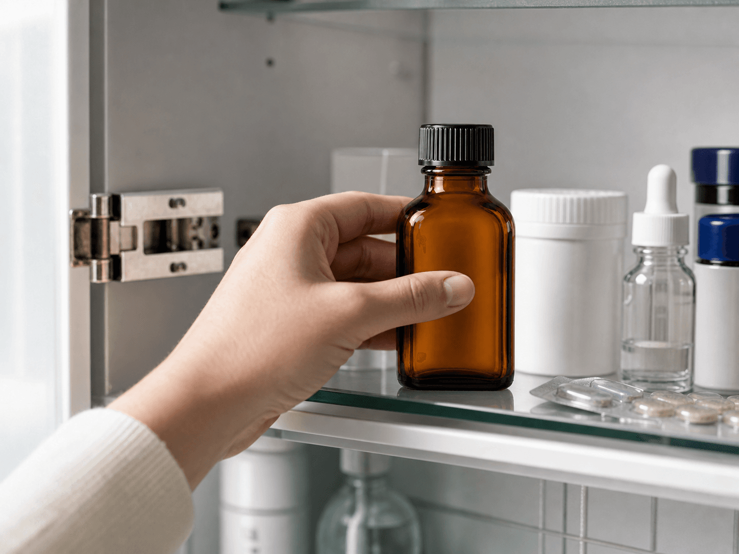 Amber Medicine Bottle used for medicines kept in a bathroom cabinet in a dispensary and home setting