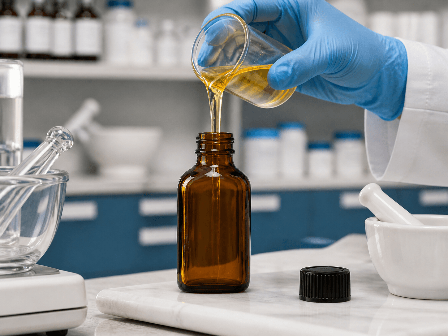 Amber Medicine Bottle used for bottles filled by a pharmacy in a compounding setting
